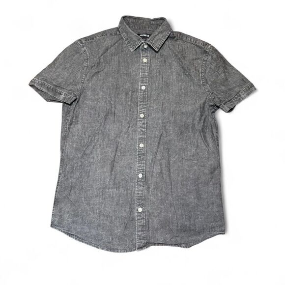 Express Men’s Grey Denim/Chambray Button-up Short Sleeve Shirt Size Medium - Picture 1 of 5